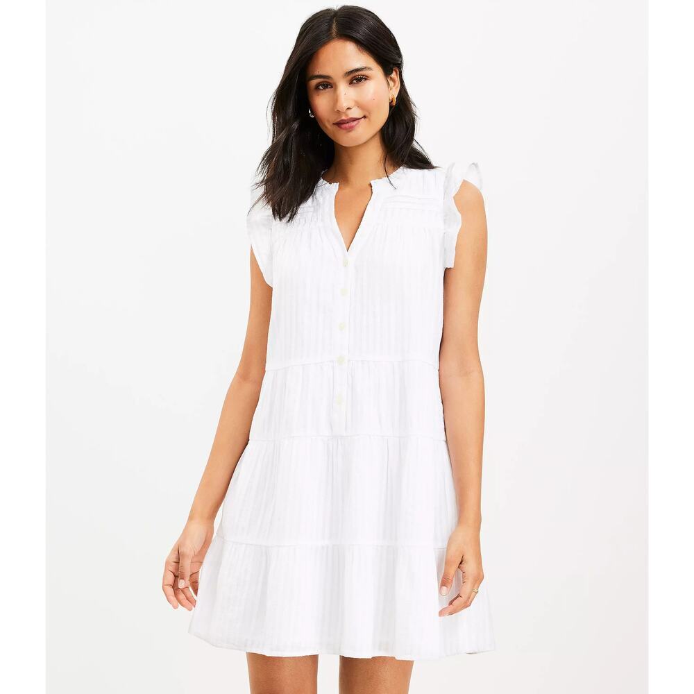 Loft Striped Flutter Button Tiered Swing Dress Medium 100% Cotton Coastal NWT